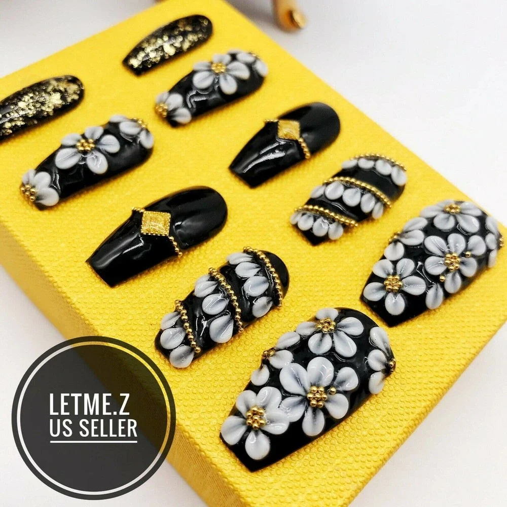 Press on‎ Nails Glue On Long Coffin 3D Black Gold